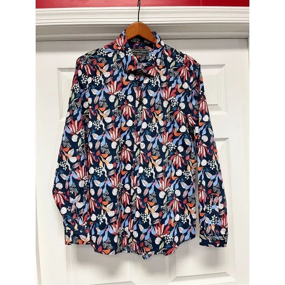Paisley & Gray Slim Fit Navy Floral Casual Button Down Shirt